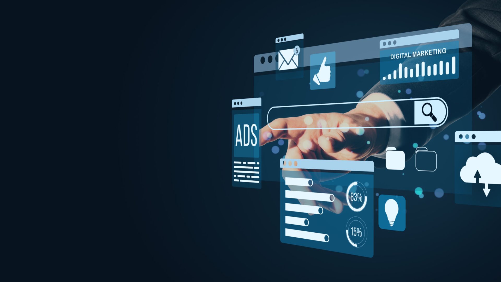 Digital marketing interface with ads and analytics on a futuristic screen. Hand interacting with a digital marketing interface, displaying ads, analytics, and online campaign elements on a dark background. Concept of online advertising